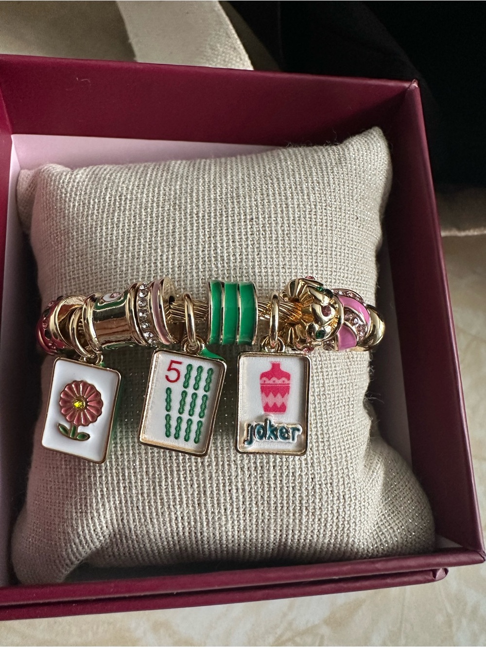 Gold Tone Mahjong Charm Bracelet with Green and Pink Accents Piper K - NWT